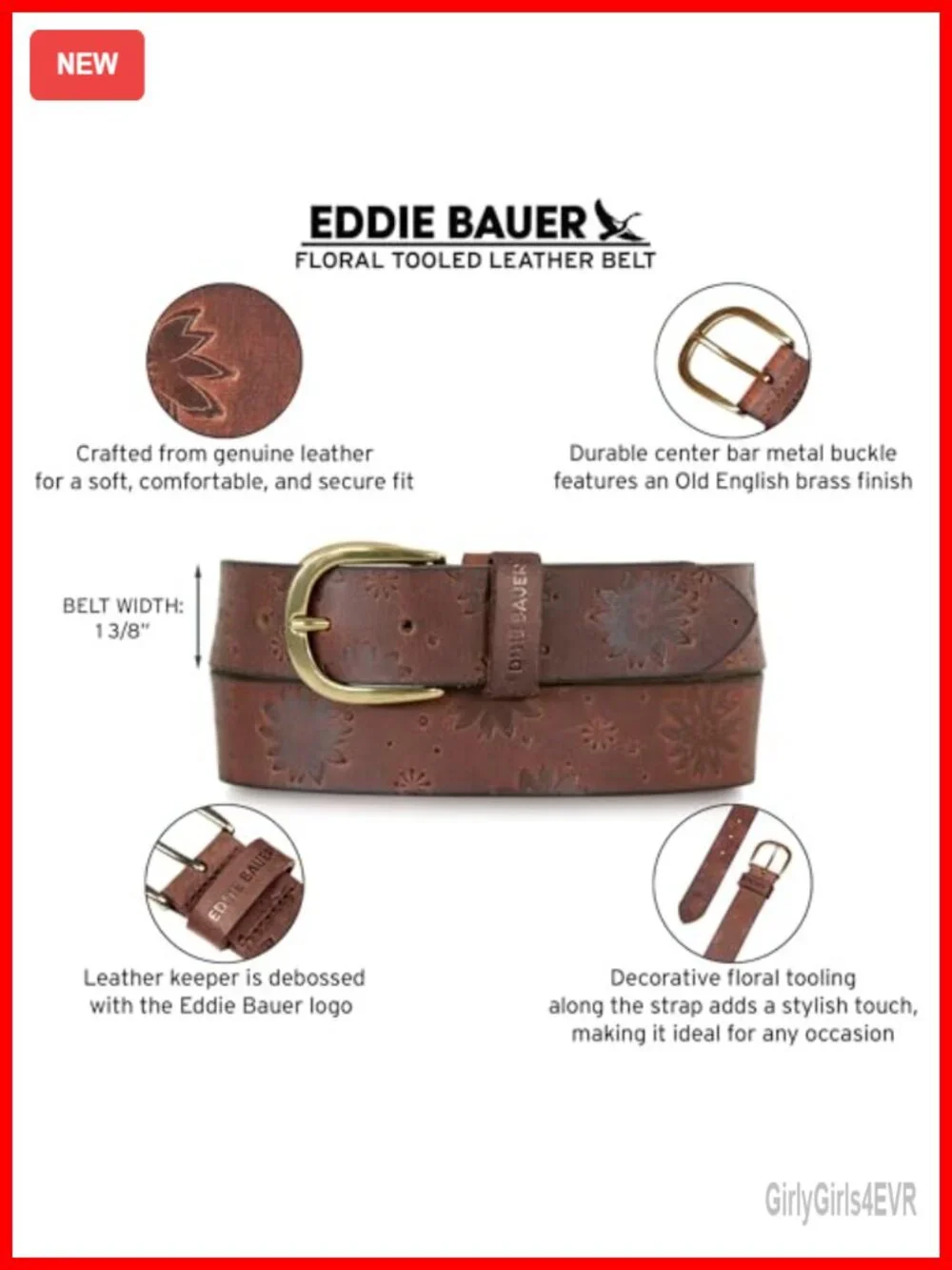 Genuine Leather Tooled Floral Buckle Belt, Casual Women's Medium Weight, Wet
